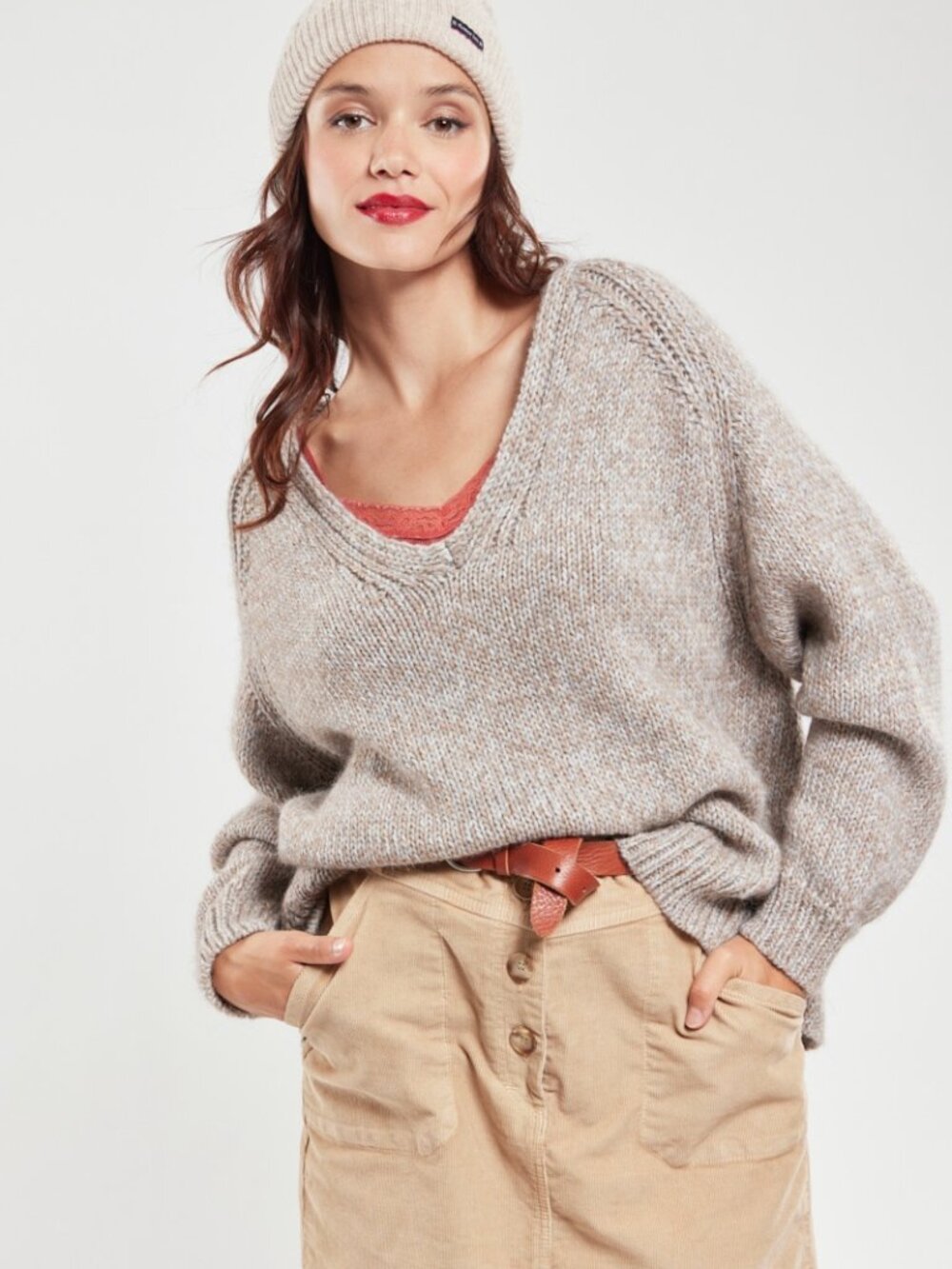 ARMOR-LUX knit Wool Alpaca Marled Minimalist V-Neck Beige Sweater Size 1 US S